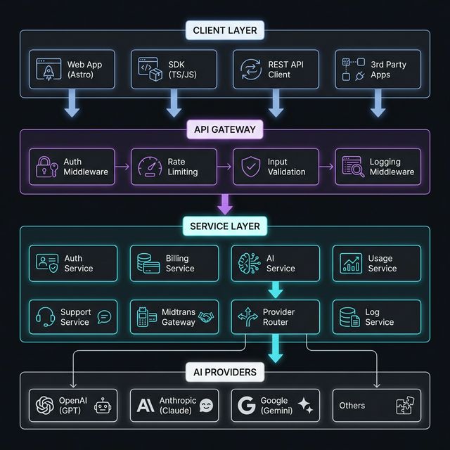 system architecture — client layer · api gateway · service layer · ai providers